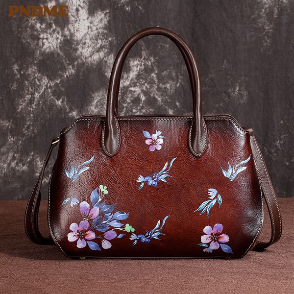 

pndme handmade embossed genuine leather ladies handbag vintage flower cowhide women's party shoulder messenger bags for female