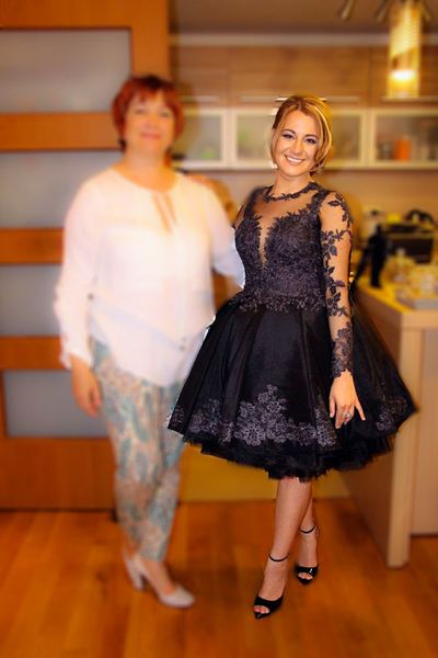 Elegante Vestido Curto 2020 Black Lace manga comprida Plus Size Prom Vestidos graduação coctail formal do partido cerimonia abiti