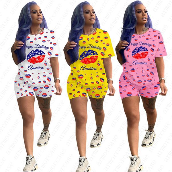 

women two piece outfits designer letters american independence day star lip full printing short sleeve t shirt shorts set sports suit d52512, White