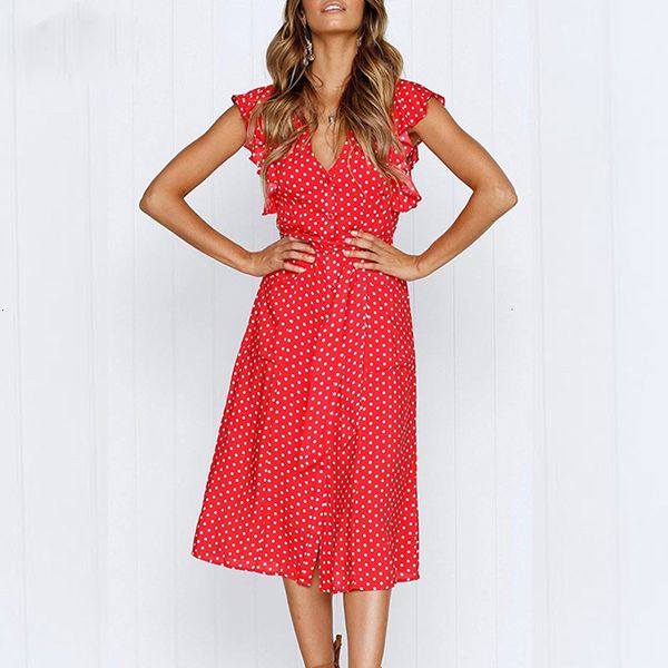 

polka boho dot print dress women casual sleeveless v neck red sundress midi dress female beach a-line dress vestidos 2019 designer clothes, Black;gray