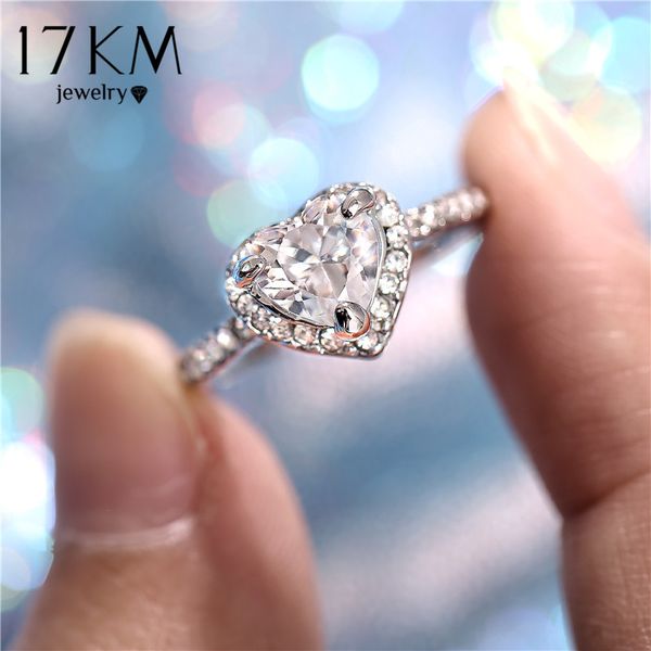 

17km bijoux fashion gold sliver color wedding ring for woman cz zircon lovely heart shaped crystal rings engagement jewelry, Golden;silver