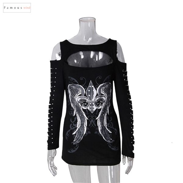 

мода bodycon футболки с длинным рукавом выдалбливают топы puff sleeve tops печати wings tee повседневный hole harajuku girls punk, White