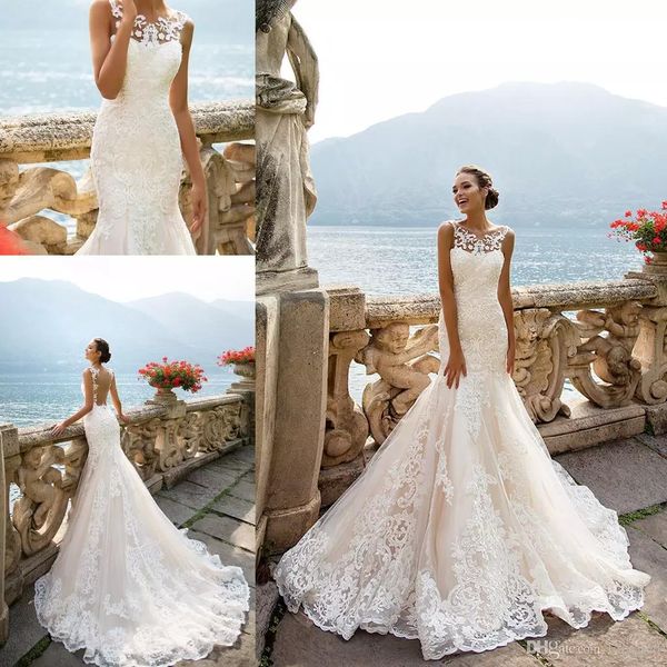 

sheer mermaid wedding dresses champagne lining bateau neck sleeveless full lace appliqued plus size bridal gowns for wedding, White