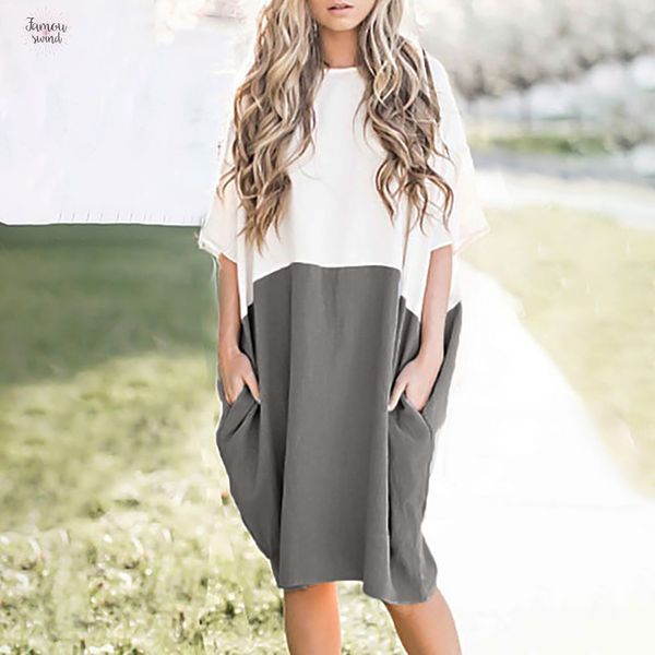 

женщины белье платье новый лоскутная половина рукава solid сращивания карман платье мода лето платья мантия femme дизайнер одежды, Black;gray