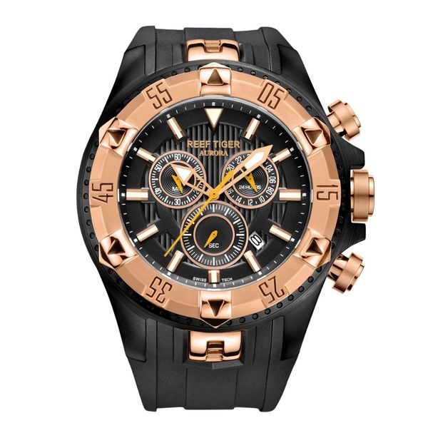 

reef tiger/rt men sports watches quartz watch with chronograph and date big dial black steel super luminous swatch rga303 t200409, Slivery;brown