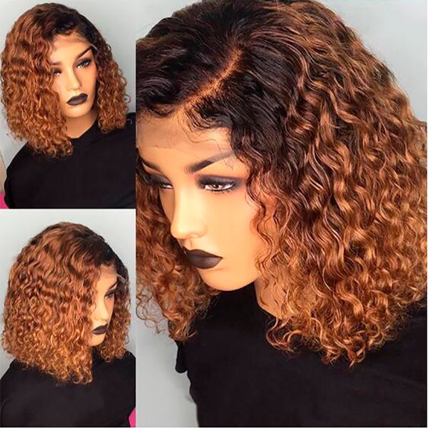 

1b/27 ombre color short curly lace front human hair wigs with baby hair pre plucked remy brazilian lace bob wigs bleached knots, Black;brown