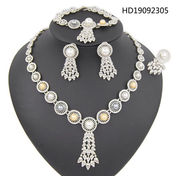 

yulaili wholesale 2019 new african wedding bridal jewelry sets for women charm imitation pearl necklace earrings bracelet ring, Silver