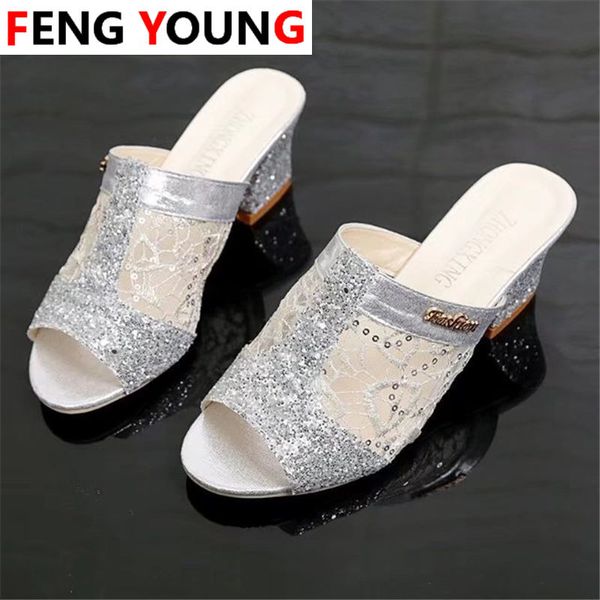 

2020 summer shoes fashion square heel slides peep toe shallow ladies shoes plus size 43 mesh bling high heel slippers women, Black