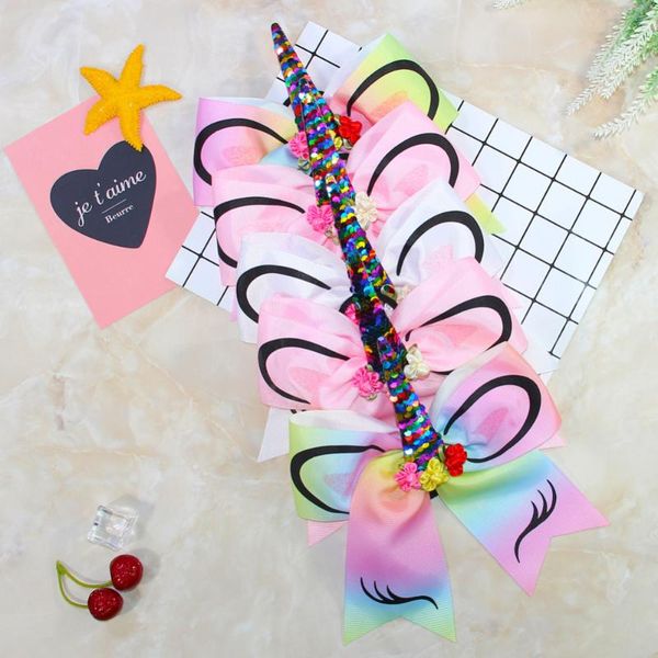 

fioday new 6 pcs sequin unicorn ribbon bows glitter print hair bow elastic hair bands for girls boutique accessories, Slivery;white