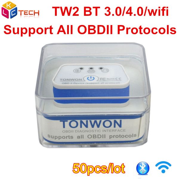 

50pcs/lot tonwon tw2 icar2 better than elm327 obd2 coder reader scanner tool tw2 bt3.0/4.0/wifi dhl free