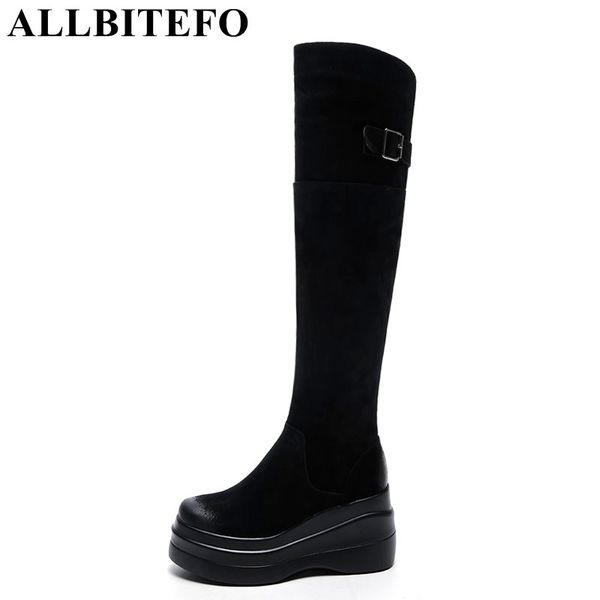 

allbitefo winter genuine leather high heels platform women knee high boots wedges heels women boots girls thigh, Black