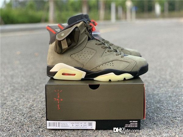

authentic travis scott x air 6 cactus jack medium olive reflective glow in the dark army green suede 3m retro basketball shoes with box