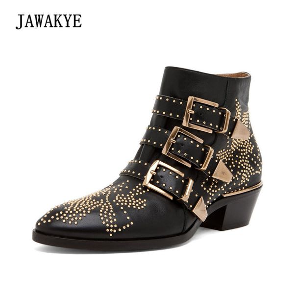 

2017 susanna studded real leather ankle boots women round toe rivet flower boots women luxury velvet zapatos mujer, Black