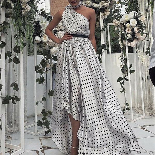 

elegant off shoulder women maxi long dress sleeveless polka dot irregularity female dress 2019 summer ladies vestidos, Black;gray
