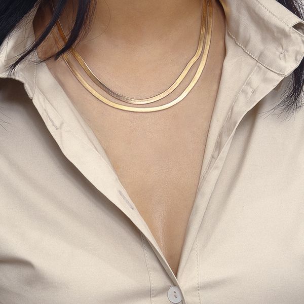 

women punk simple flat blade snake chain necklace double layer lobster buckle silver gold choker female girl personalizd gifts, Golden;silver