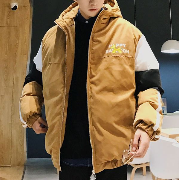 

2018 winter harbor wind new male cotton-padded clothes spelling color keep warm even hat loose thickened casual coat, Black