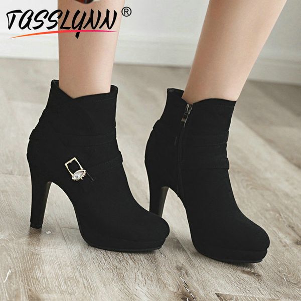 

tasslynn 2019 winter boots women boots platform synthetic women shoes thin high heels pointed toe ankle 34-43, Black