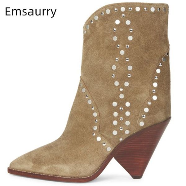 

2020 rivets woman boots high cone heel point toe party short botas apricot suede slip on casual ankle botines mujer 35-42, Black