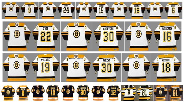 

retro boston bruins jersey 19 johnny mckenzie 18 ed westfall 30 bernie parent 30 gerry cheevers 16 derek sanderson willie o'ree ccm hoc, Black;red
