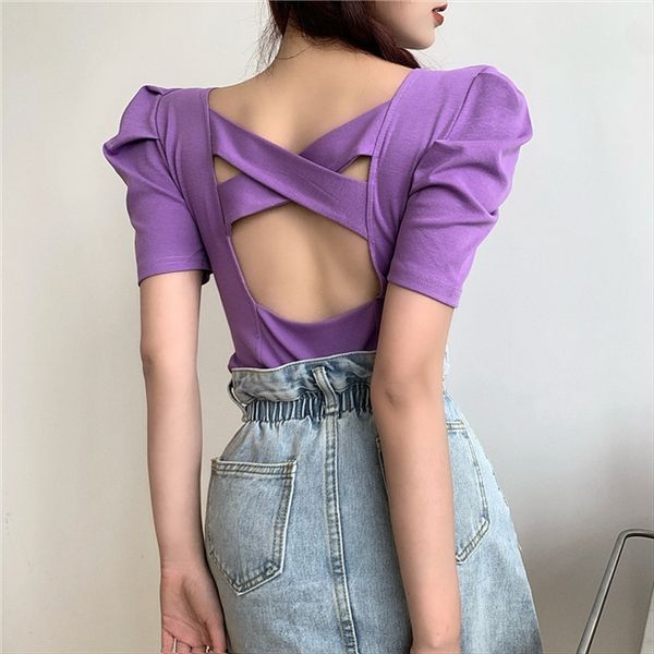 

women's machine back cross hollow t-shirt care nursing care t-shirt versatile short bubble sleeve top, White