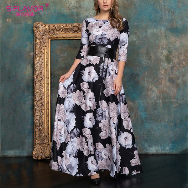 

s.flavor women elegant o neck long dress vintage floral printed slim summer casual dress no belt boho party vestidos de, Black;gray