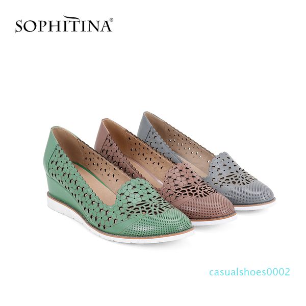 

sophitina women's new pumps high wedges genuine leather hollowing out round toe casual shoes handmade slip-on shallow pumps sc40 c02, Black