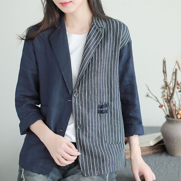 

ewq] new spring 2019 women lapel collar long sleeve stripe patchwork loose hem button loose hem coat woman casual jacket ab022, Black;brown