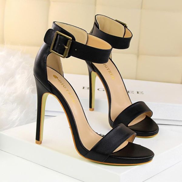 

sandals women shoes pu leather belt buckle strap 11.5cm thin high heels solid fashion lady party club female pumps, Black
