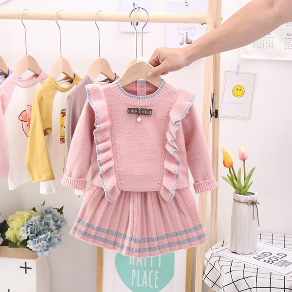 

2019 autumn new arrival baby girls fashion knitted 2 pieces suit kids ruffled sets with pearl skirt 1242, White