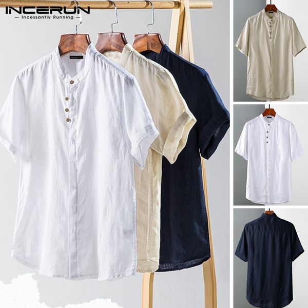 

men's casual shirts 2021 summer men cotton shirt harajuku short sleeve stand collar breathable streetwear buttons plain incerun, White;black