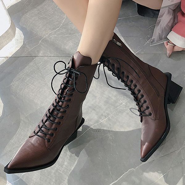 

doratasia 2020 shoelace pointed toe cool fashion ankle boots women's shoes woman square heels boots female, Black