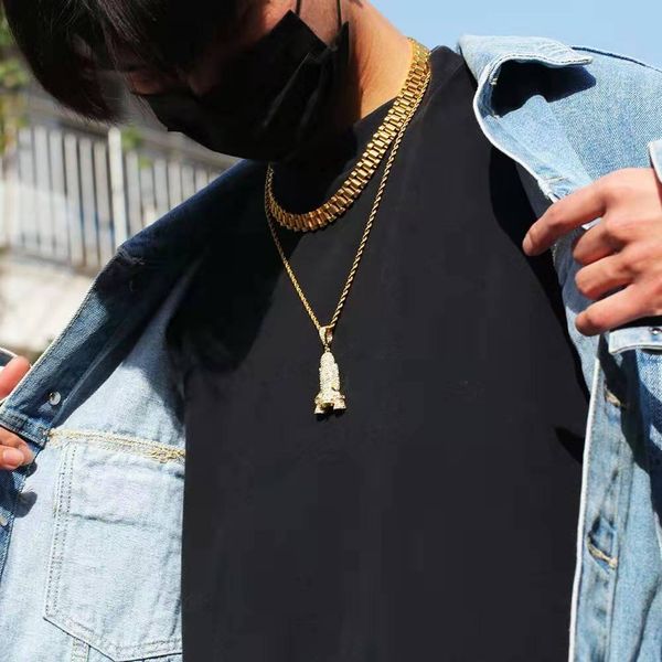

iced out rocket pendant necklace for men luxury designer mens bling diamond rockets pendant 18k gold plated copper zircon jewelry love gift, Silver