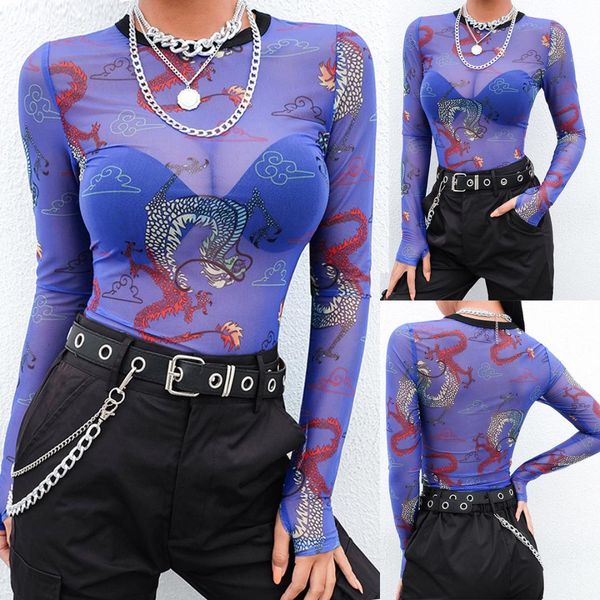 

women vintage dragon print see-through sheer mesh shirt long sleeve t-shirt, White