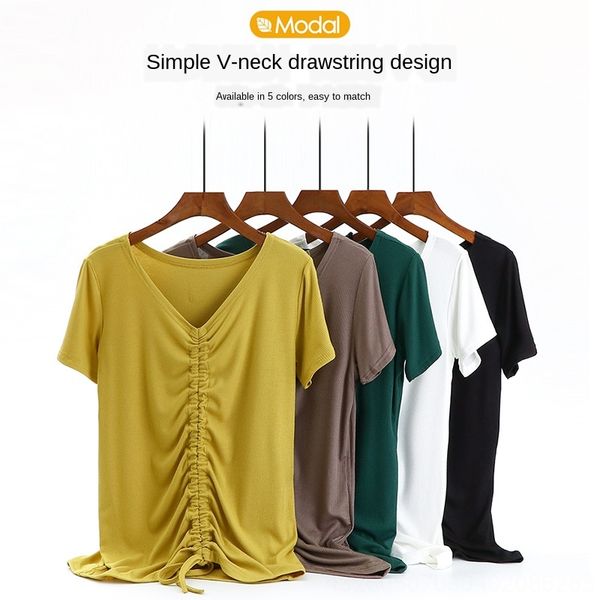 

modal pleated short sleeve t- female v-neck half sleeve drawstring base coat t-shirt shirt large size slim navel top, White