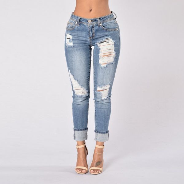 

korean style high waist women jeans ripped skinny women denim pants vintage elastic jeans mujer, Blue