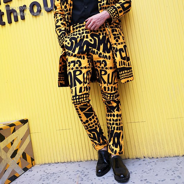 

male casual pants singer stage wear mens fashion yellow letter floral print suit trousers hip hop nightclub stage singer dj, White;black
