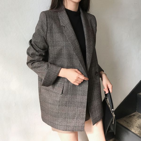 

tvvovvin новый осень 2019 винтажный стиль одна кнопка отложной воротник полный рукав плед карманы женщины свободные пальто f213, Black;brown