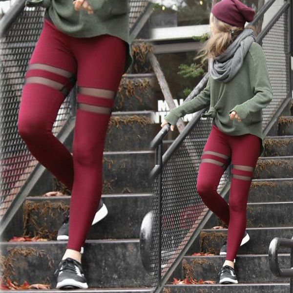 

women yoga pants mesh patchwork skinny slim trouser workout leggings fitness pencil pant stylish womens running sports pants, White;red