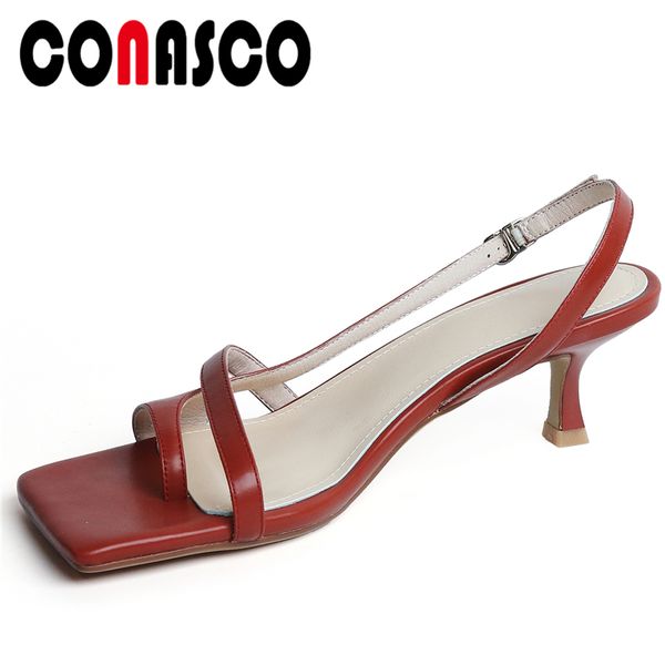 

dress shoes conasco women genuine leather sandals fashion elegant concise narrow band pumps wedding casual high heeled woman, Black