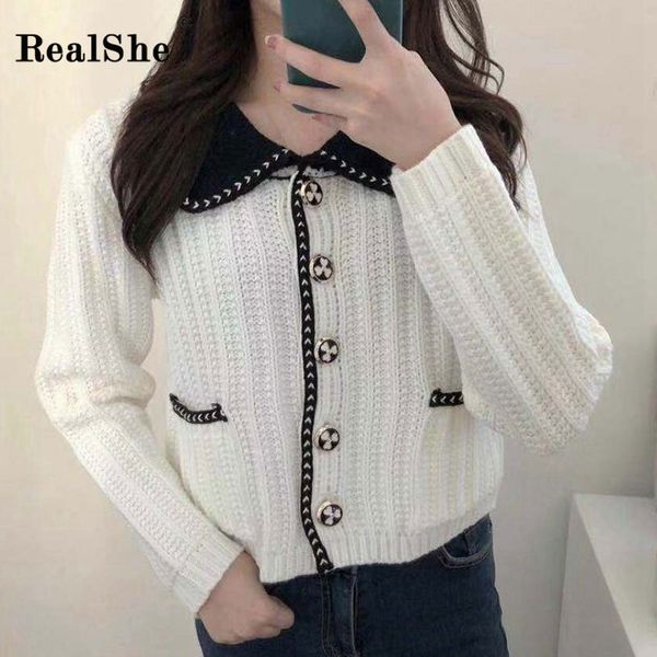 

realshe womens cardigan long sleeve peter pan collar buttons pockets cashmere sweater women 2020 spring casual sweaters ladies, White