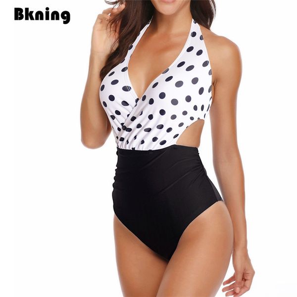 

plus size swimsuit push up swim wear women bandage bikini 1 one piece bathing suit cross halter indoor dot print high waist xxxl, White;black