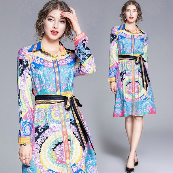 

2019 summer fall runway vintage floral baroque print collar belt sash long sleeve women casual party a-line midi shirt dress, Black;gray
