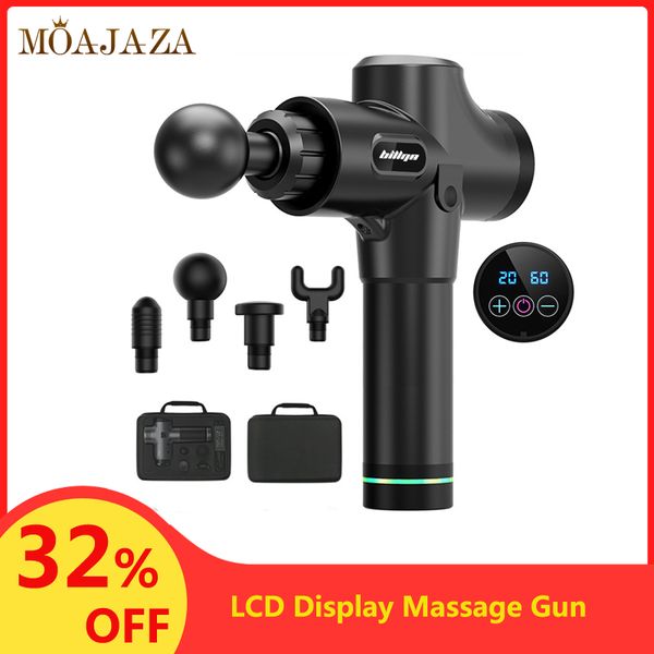 

lcd display massage gun 4 heads deep muscle relaxation massager gun battery body slimming shaping muscle stimulator pain relief