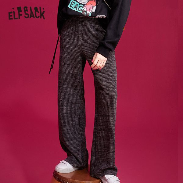 

elfsack black solid elastic waist straight casual pants women 2019 winter new fashion wide leg office ladies daily trousers, Black;white