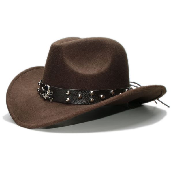 

retro skull leather band parent-child /kid wool wide brim cowboy western hat cowgirl bowler cap (57cm/54cm