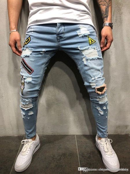 

мужские рваные тонкий джинсы fit emblem вышитые дизайнер джинсовой синий карандаш jean брюки hiphop street брюки, Blue