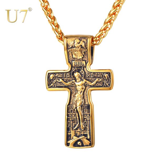 

u7 crucifix jesus cross pendants & necklaces gold color stainless steel chain vintage catholic church religious men jewelry p119, Silver