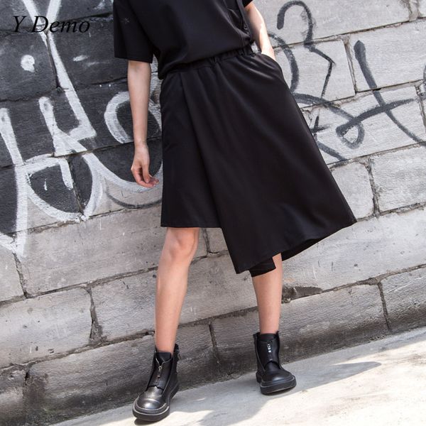 

streetwear high waist wide leg pants women irregular skirt spliced thin knee length trousers, Black;white