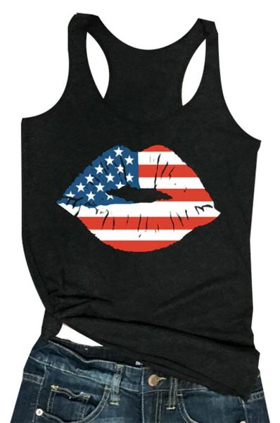 

women american flag lips shirt casual vest shirt female fashion o collar vest tank sleeveless t women, White