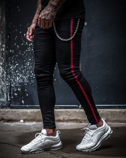 

mens red stripe skinny denim jeans male hip hop streetwear solid color pants teens plus size slim fit thin jeans men black, Blue